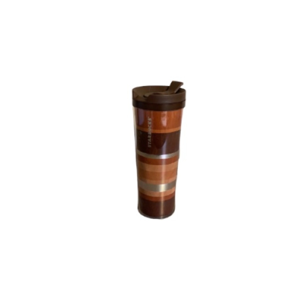 Starbucks Clear Plastic Tumbler with Brown Faux Wood and Silver Insert